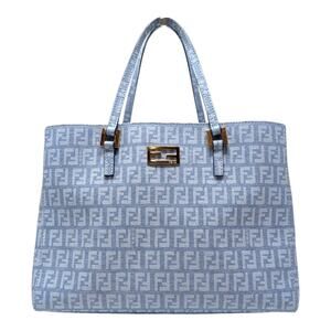 Fendi Zucchino FF Monogram Tote Handbag Light Blue Silver Hardware